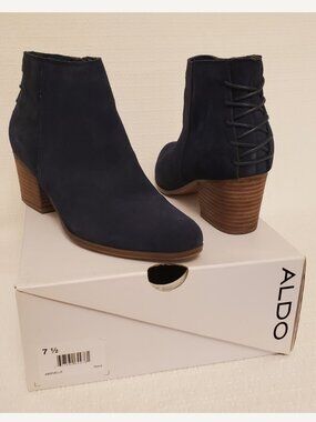 ALDO Abiralle Navy Blue Suede-Look Ankle Boots Lace Back Block Heel 7.5
